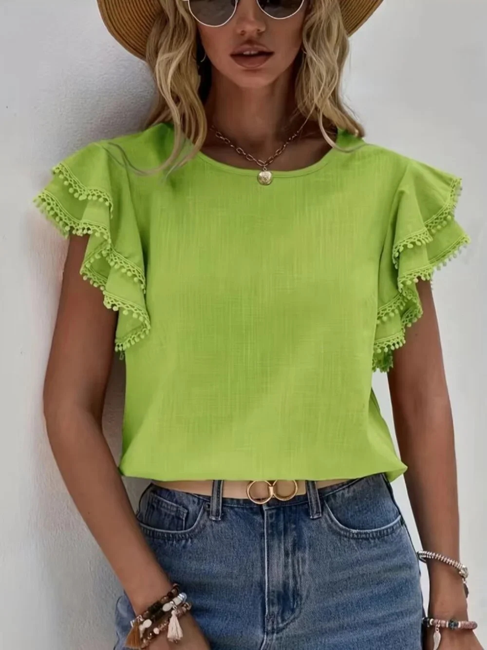 Solid Crew Neck Blouse, Elegant Layered Ruffle Sleeve Top - Picture 4 of 5